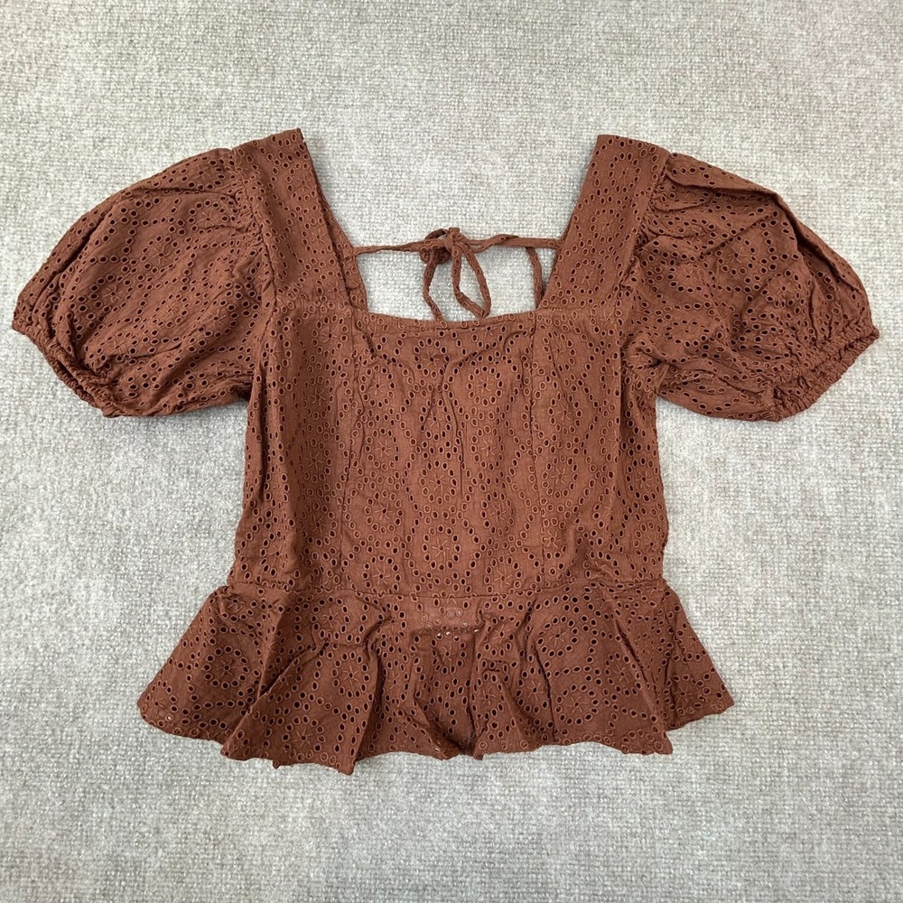Band Of The Free Smocked Peplum Crop Top Womens Small Walnut Brown Eyelets Tie
